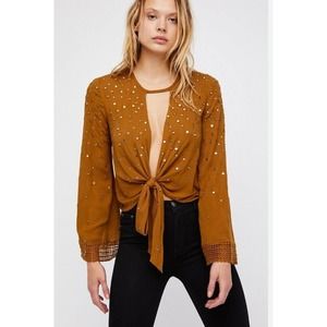 Free People Top Xs Women‎ Mirror Mirror Low Cut Lace Crochet Tie Front Flare